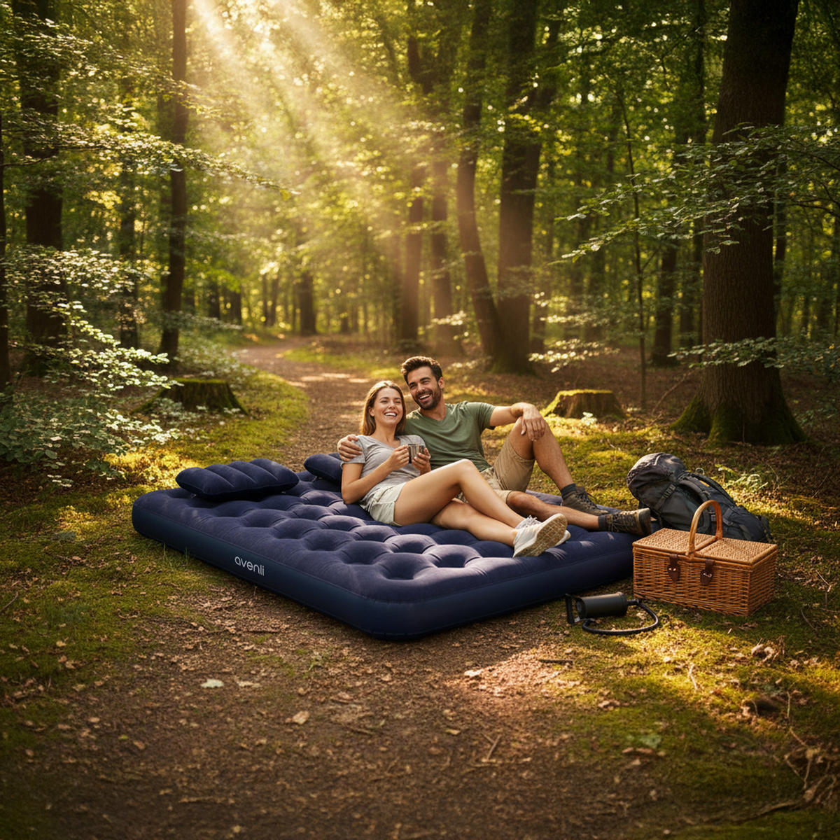 LUFTBETT Luftmatratze Camping 203x183x22cm mit Pumpe und 2 Kissen - Blau, Kunststoff (183/203cm) - Avenli