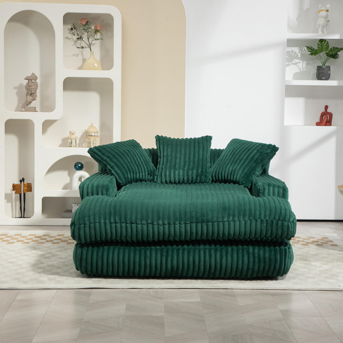 BIGSOFA 125/155/63 cm in Cord Smaragdgrün – bodennahe Chaiselongue mit 3 Kissen - Smaragdgrün, Textil (63/125/155cm) - BEAOK