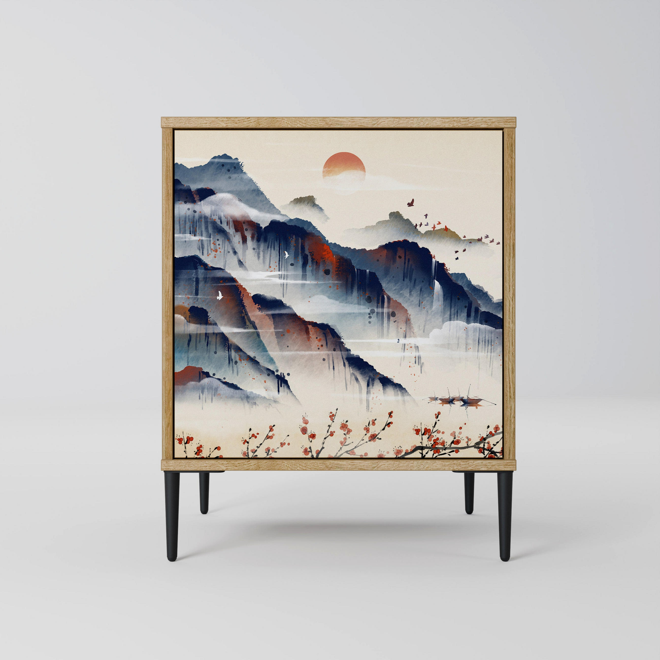 SIDEBOARD JAPANESE LANDSCAPE, Eichefarben, 57,5x42x72,5 cm, Schwarze Metallfüße - Eichefarben/Multicolor, Holzwerkstoff/Metall (57.5/72.5/42cm) - SpaceRebels