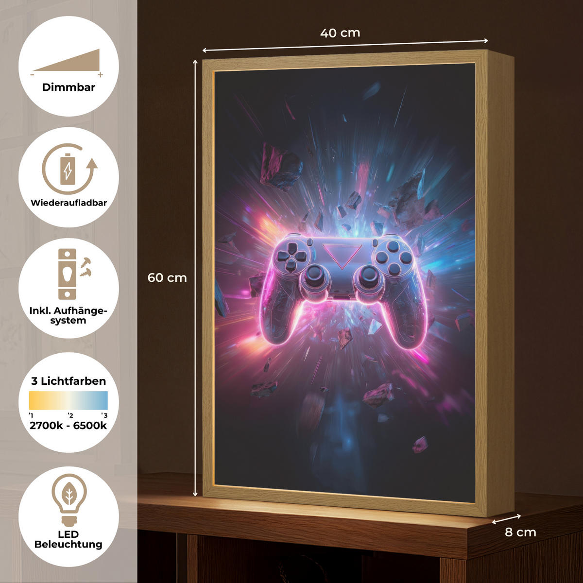 NÁSTĚNNÁ LAMPA S AKUMULÁTOREM Controller - Neon - Explosion - Abstraktní 40x60 cm - fialová, kompozitní dřevo (40/60/8cm)
