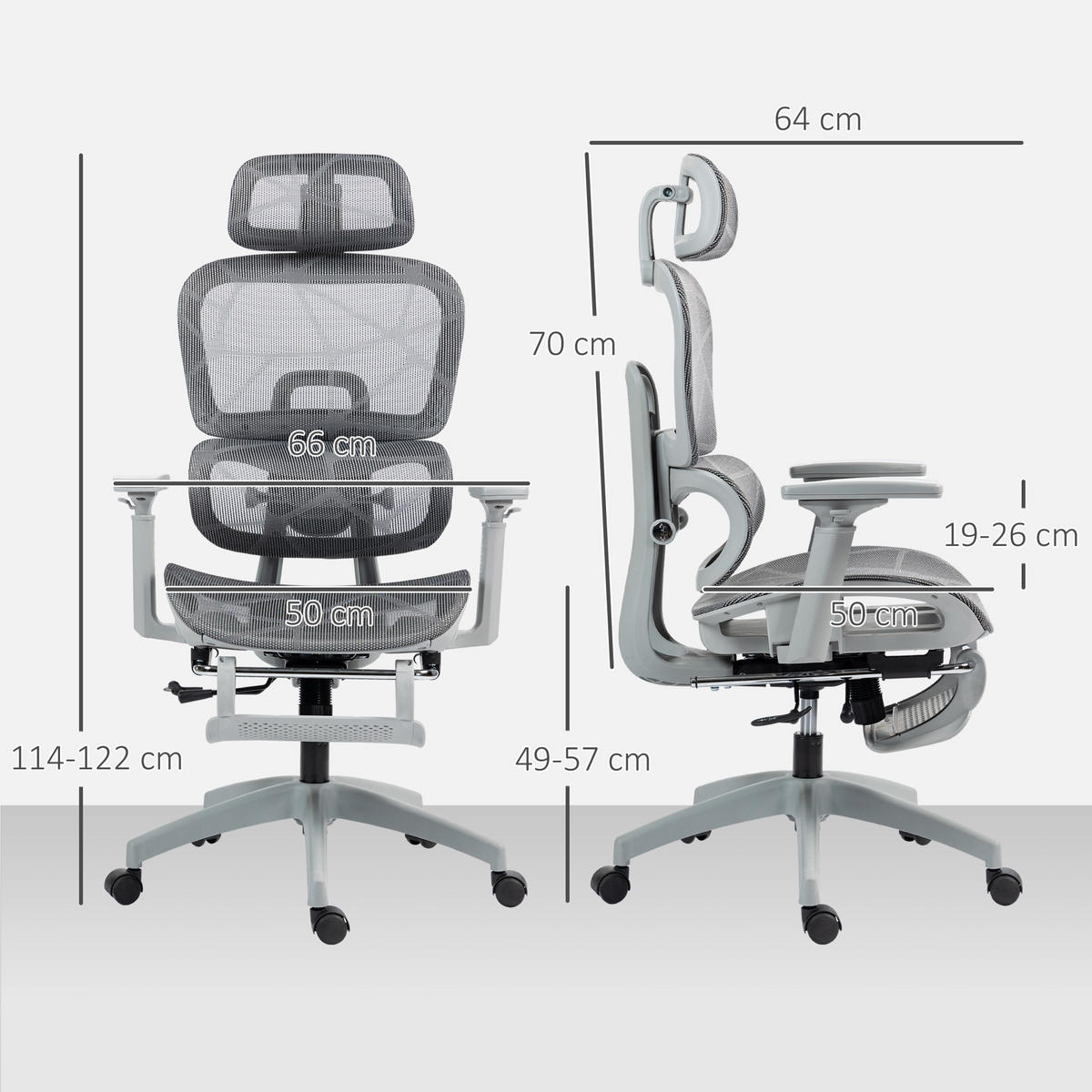 BÜROSTUHL, Ergonomischer Schreibtischstuhl mit Netzstoffbezug, verstellbar, rollbar, mit Armlehnen, Kopfstütze, Grau - Grau, Textil (64/122/66cm)