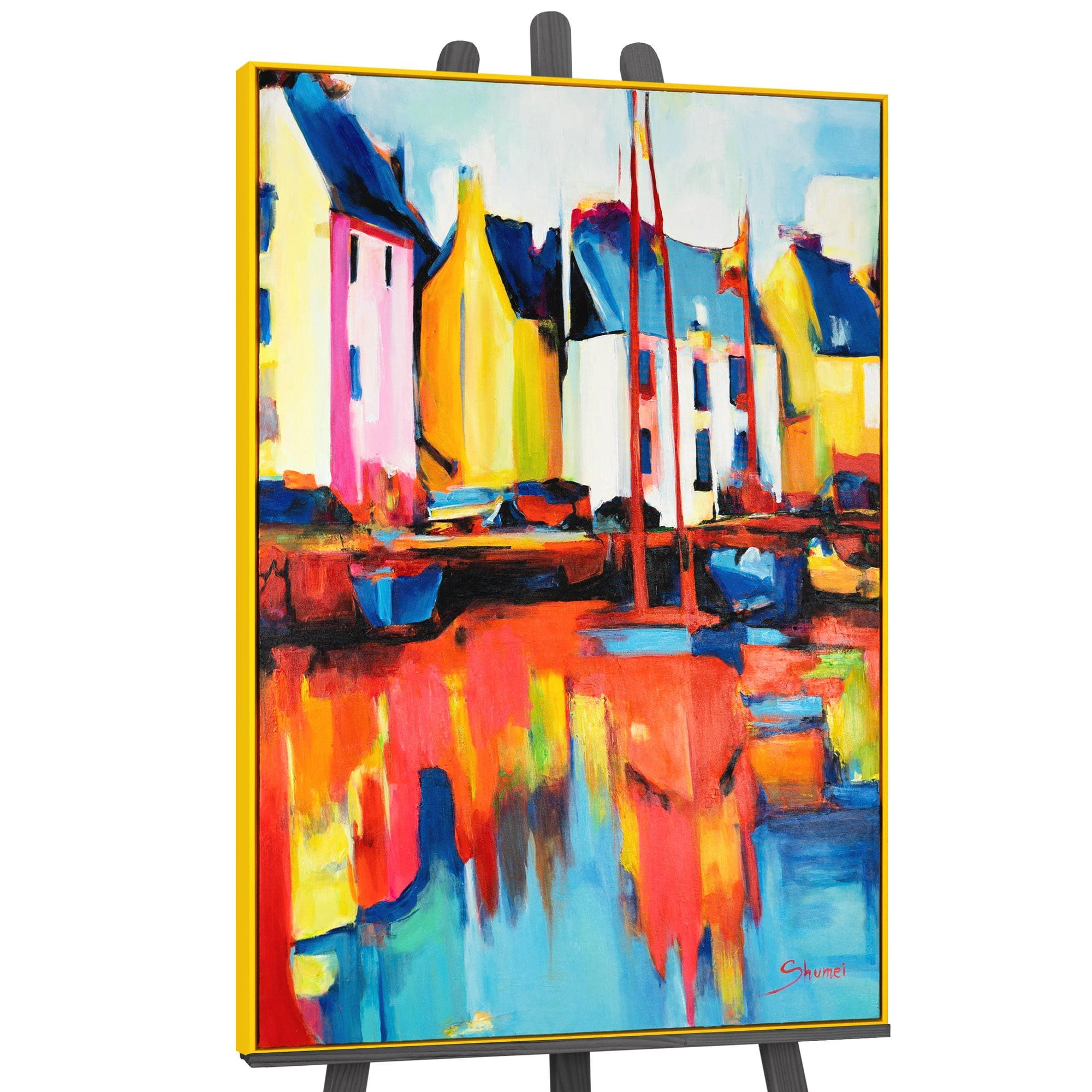 GEMÄLDE Yachten und Hafen Schattenfugenrahmen Gelb 120x80 cm - Gelb, Holz (120/80cm) - YS-art gallery