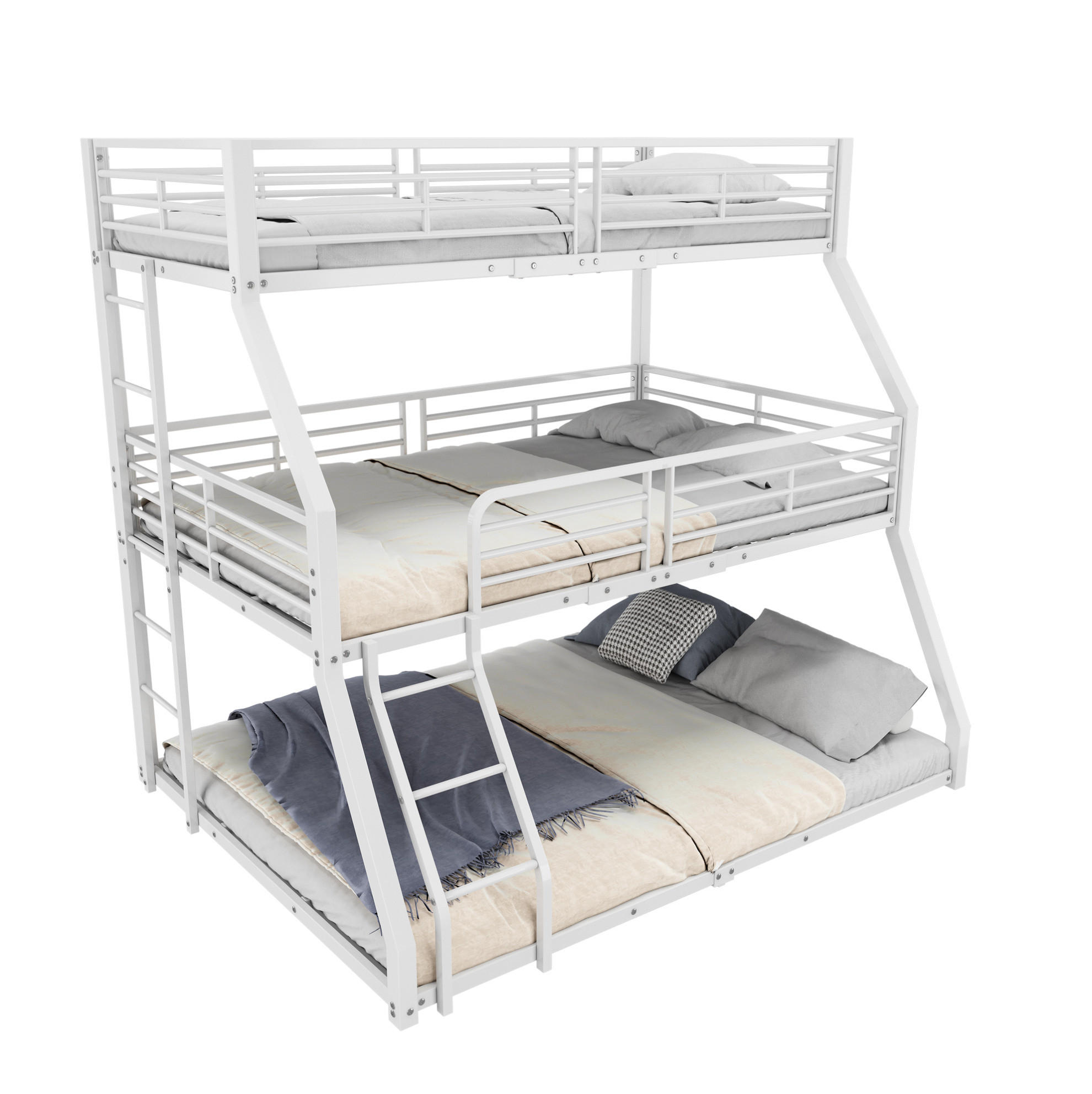 DREIFACH-ETAGENBETT aus Metall 90x200 cm Weiß mit 2 Leitern, EN747-zertifiziert und platzsparend - Weiß, Metall (90/200cm) - Modfu