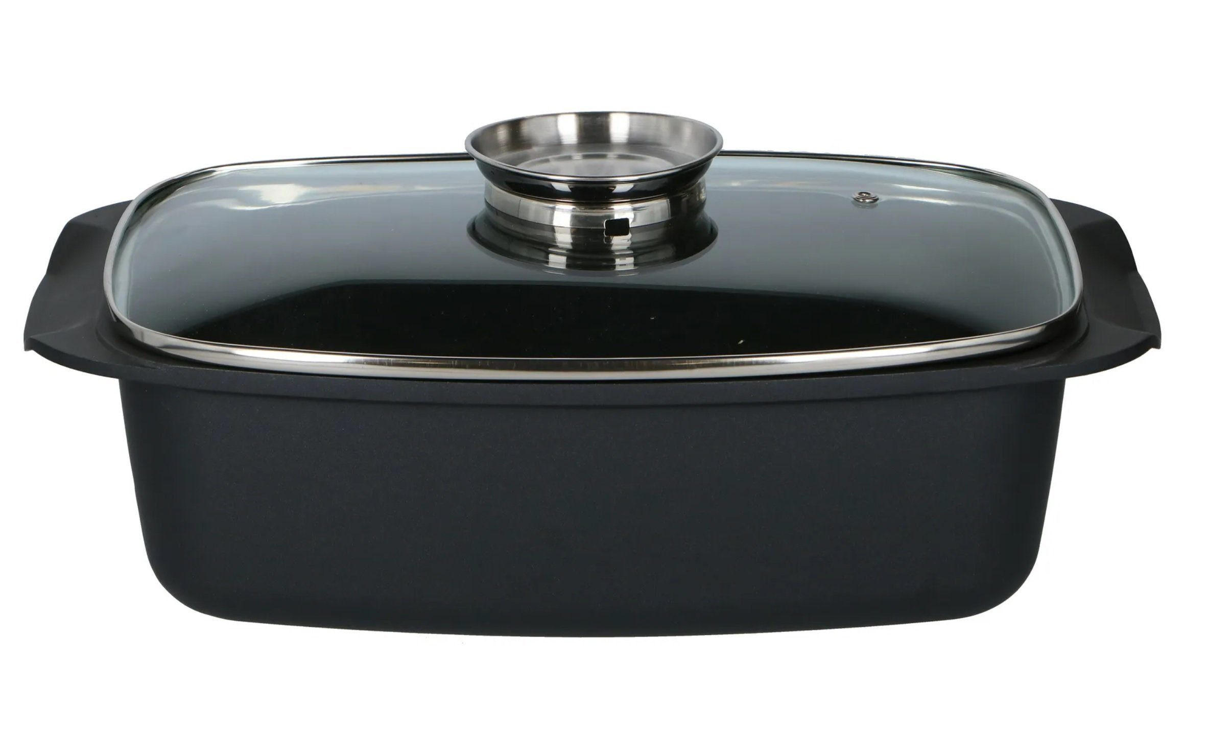 ALUGUSS BRÄTER 5,5L XXL – Rechteckiger Schmortopf mit Glasdeckel, Aromaknopf, Antihaftbeschichtung, Ofenfest, Für Backofen & Herd - Schwarz, Glas/Metall (39cm) - Alpina