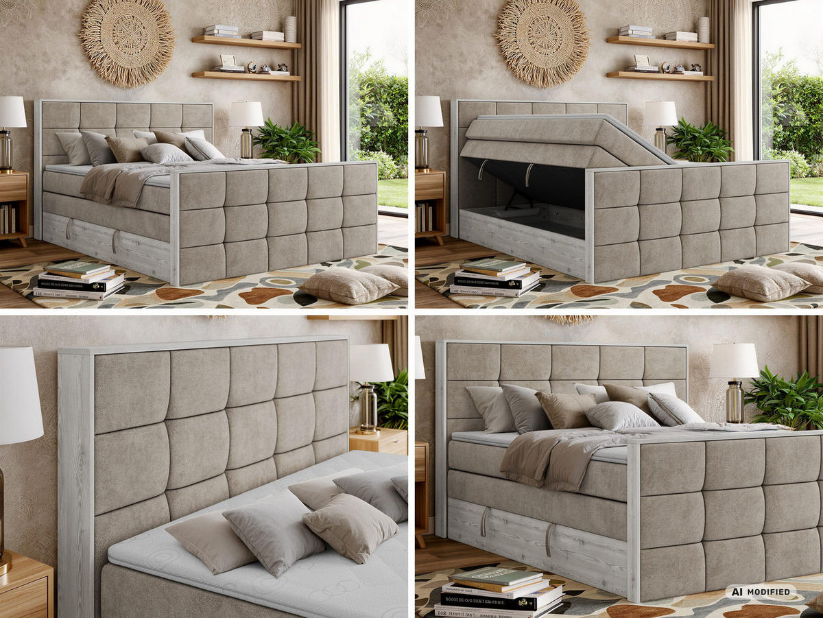 BOXSPRINGBETT ALNOR KING DUO 180/200 - Greige Stukture - Topper Visco - H4 - Greige/Schwarz, Kunststoff/Textil (180/200cm) - MKS