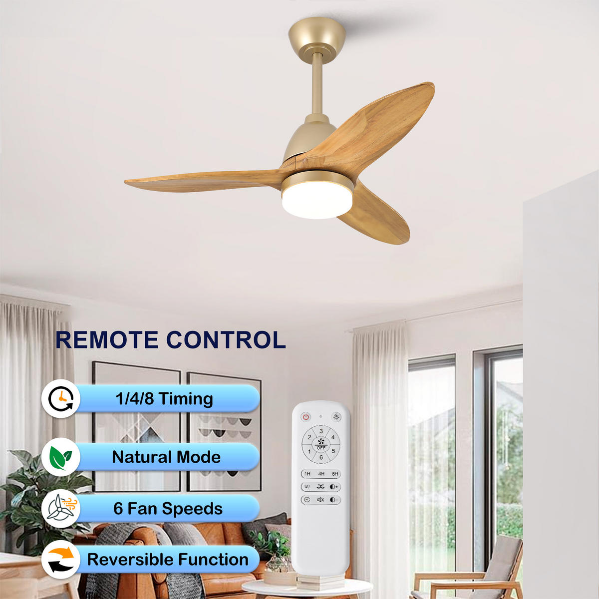DECKENVENTILATOR DE-16249 36 Zoll mit Steuergriff & LED Naturholz - Naturfarben, Holz (92/92/45cm) - ComfortXL