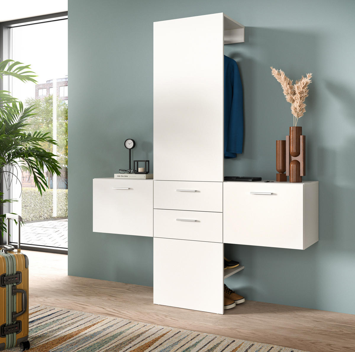 GARDEROBE Set 3-teilig weiß 156 cm, Komplettset mit viel Stauraum - Silberfarben/Weiß, Glas/Holzwerkstoff (156/190/36cm) - Inn.Furn