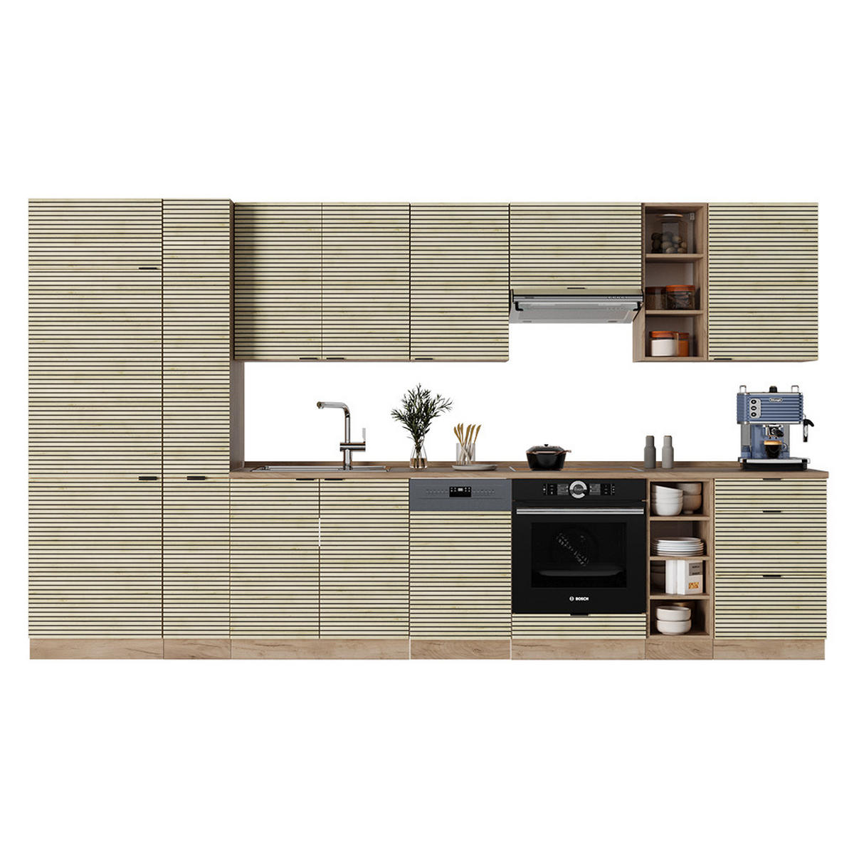 KÜCHENZEILE Fame-Line Eiche Paneel/Goldkraft Eiche 355 cm ohne Arbeitsplatte - Hellbraun/Eiche Wotan, Holzwerkstoff (355/81.6/46cm) - Vicco