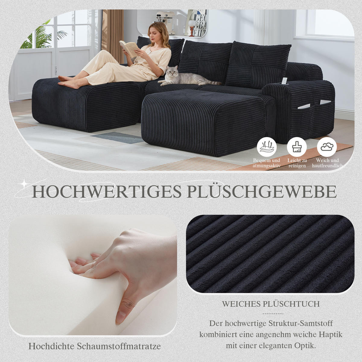 WOHNLANDSCHAFT 268/174/66 cm in Schwarz, modular mit 2 Hockern und Cupholder - Schwarz, Textil (174/80/268cm) - Flora Grace