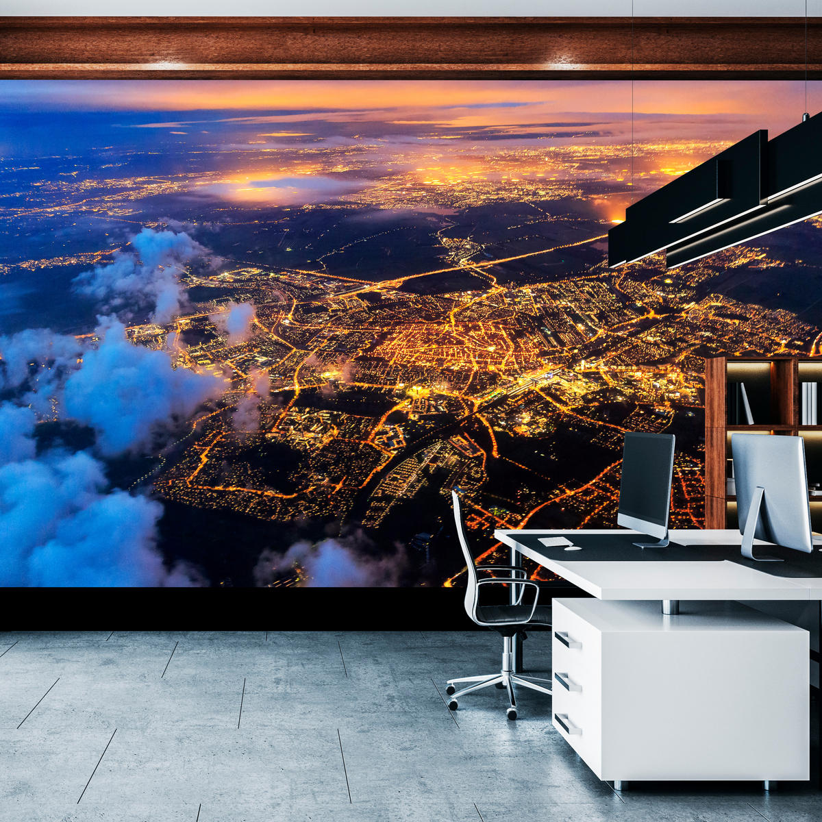 FOTOTAPETE für Wohnzimmer Vogelperspektive Beleuchtete Stadt Skyline 300x210 - Gelb/Orange, Papier (300/210cm) - Muralo