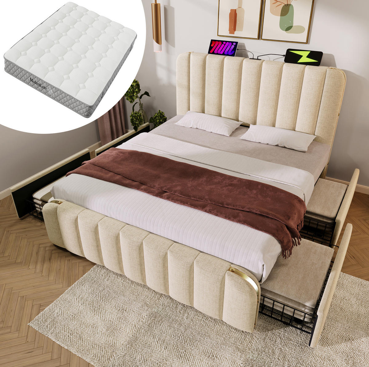 POLSTERBETT aus Leinen 160x200 cm Beige mit 4 Schubladen, USB- und Typ-C-Anschluss, Matratze - Beige, Textil (160/200cm) - IVMEU