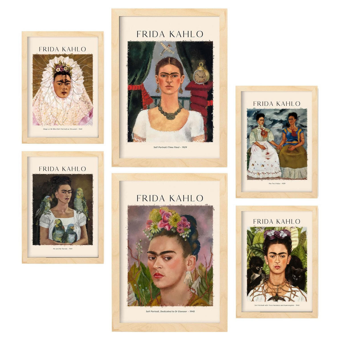 POSTER Set Mit 6 Frida Kahlo Malergalerie A3 & A4 Rahmen Aus Hellem Holz - Beige, Papier (29/3cm) - Nacnic