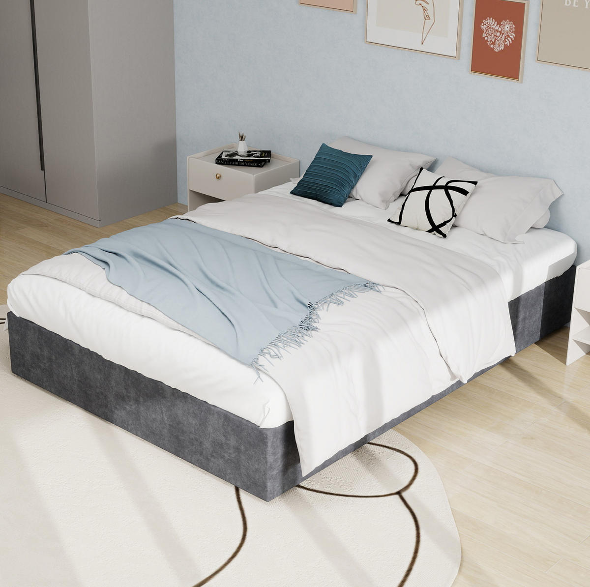 POSTEĽNÝ rám 160/200 cm sivý bez čela s plynovým zdvihom z látky a kovu - sivá, textil (160/200cm) - OKWISH