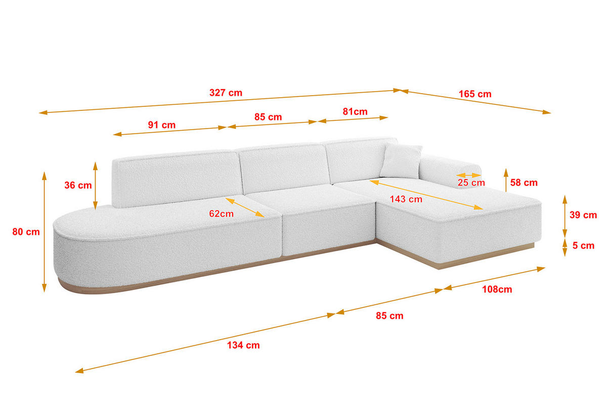 ECKSOFA Ottomane Rechts IREA-L2 - 327x165x80 cm Weiß - Weiß, Holzwerkstoff/Textil (327/165cm) - ALTDECOR