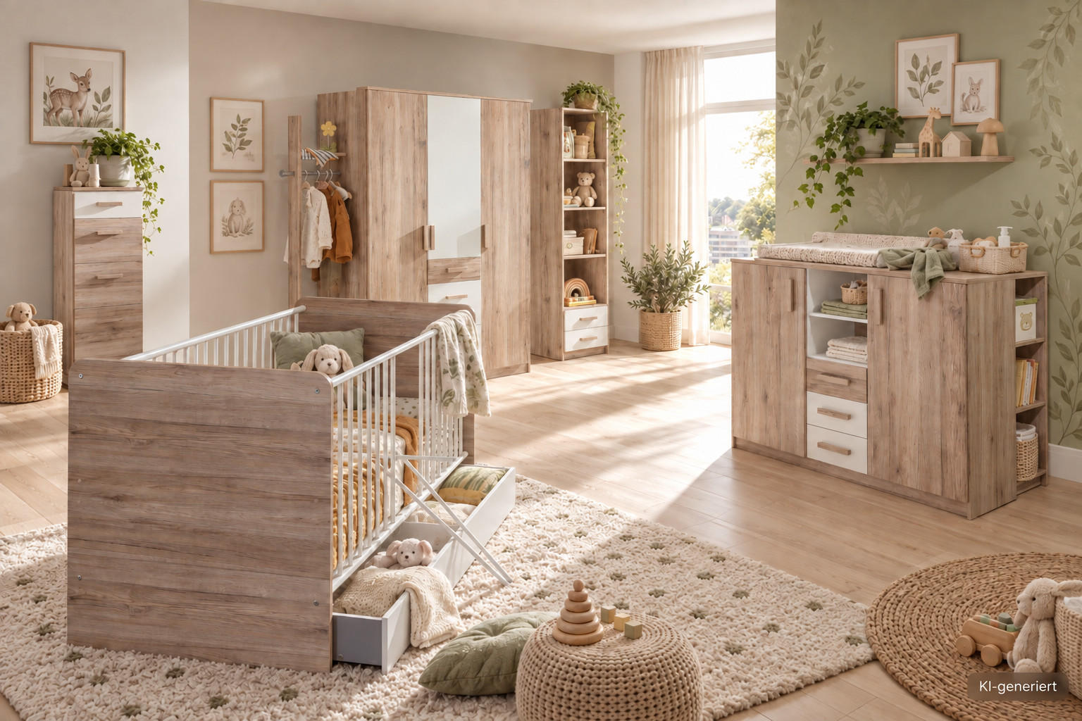 BABYZIMMER Cariba in Eiche San Remo und Weiß 9 teilig - Braun, Holzwerkstoff (120/200/80cm)