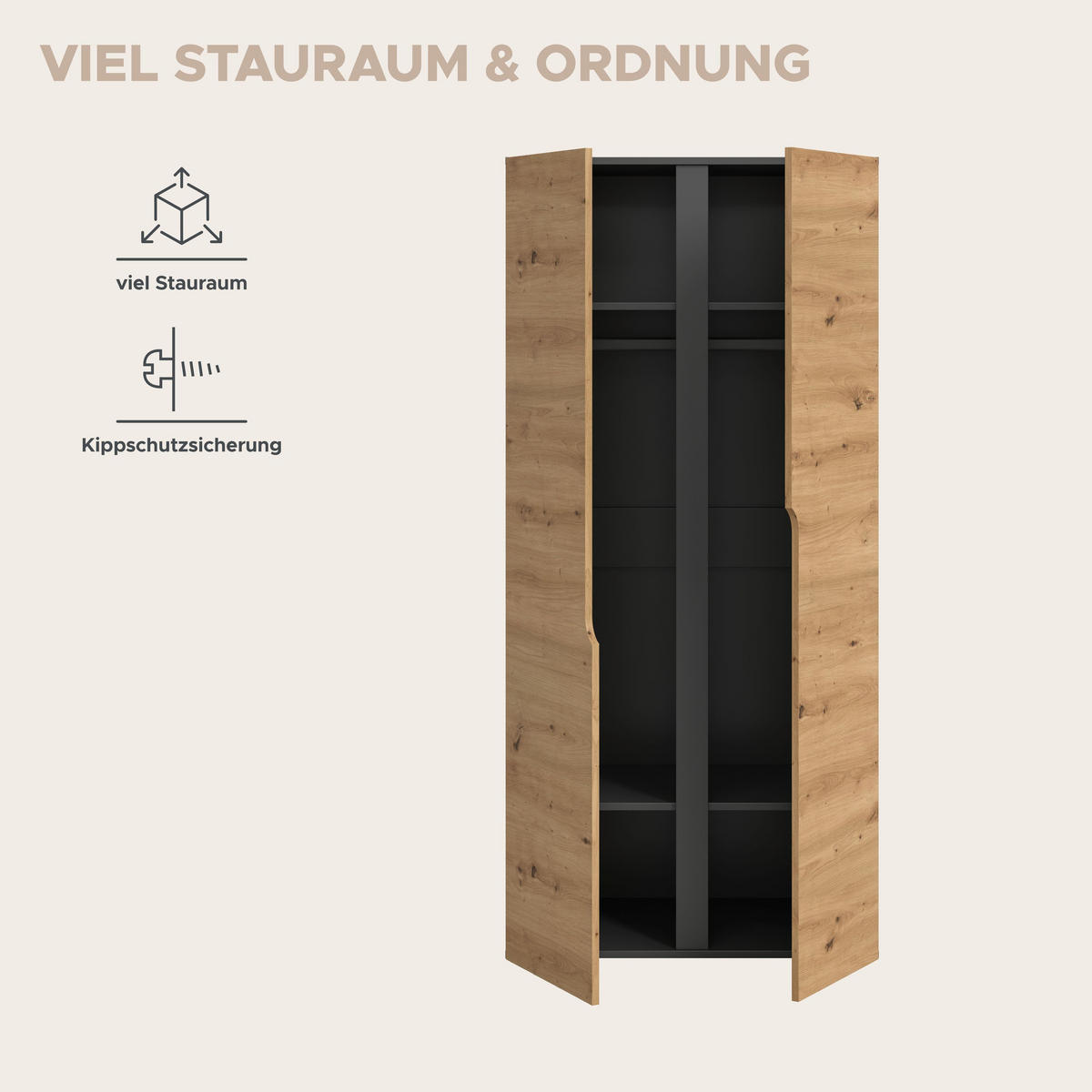 KLEIDERSCHRANK 2-türig ANGA (B/H/T: ca. 80/180/51 cm) in anthrazit/Artisan Eiche Nachbildung - Anthrazit, Holzwerkstoff (80/180/51cm)