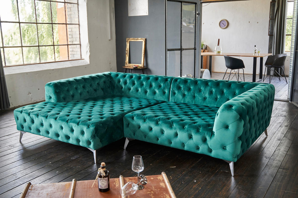 ECKSOFA NARLA Grün Velvet - Silberfarben/Grün, Textil (279/190cm) - KAWOLA