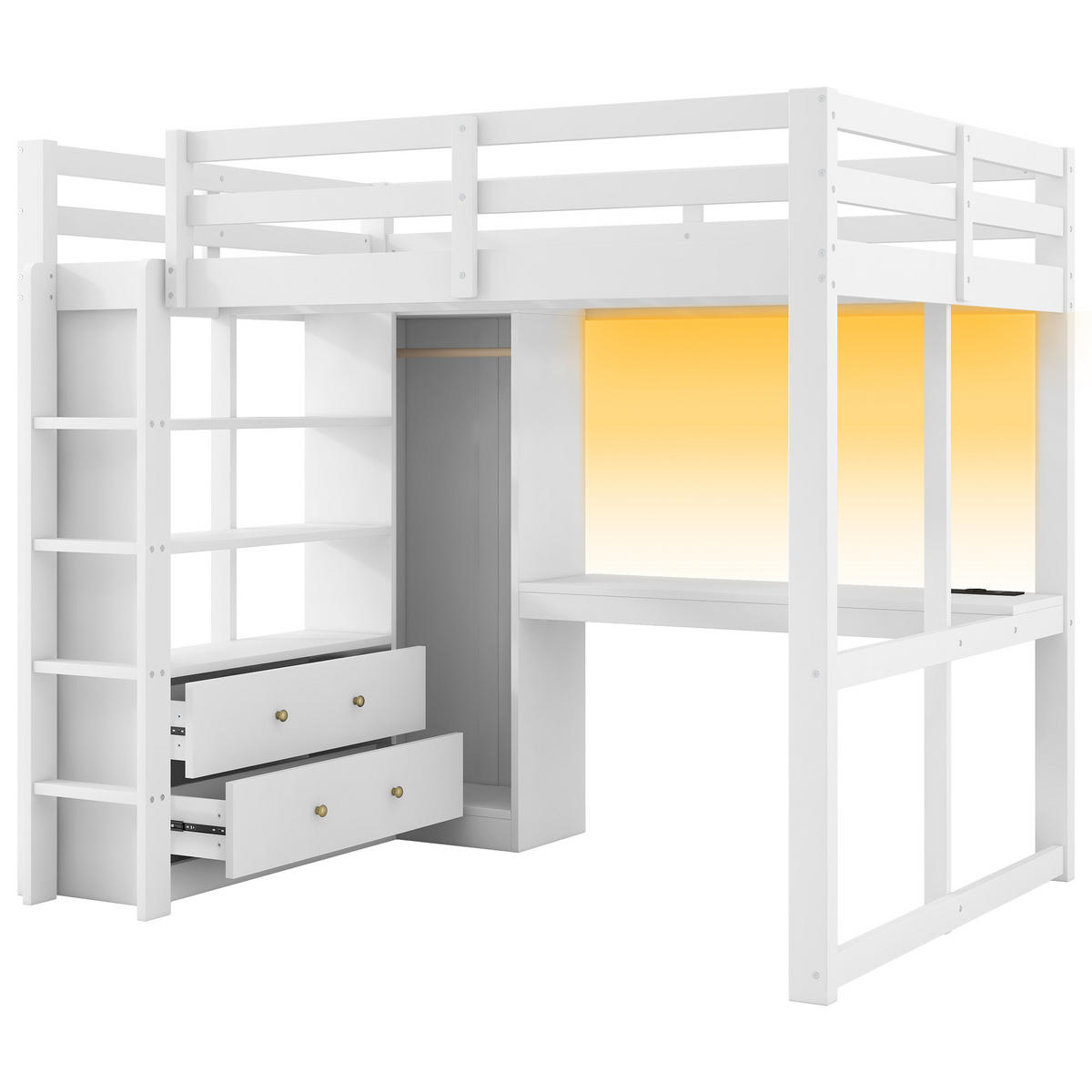 HOCHBETT 140/200 cm in Weiß mit 2 Schubladen, Regal, LED und USB Massivholz & MDF - Weiß, Holz/Holzwerkstoff (140/200cm) - CHICFURN