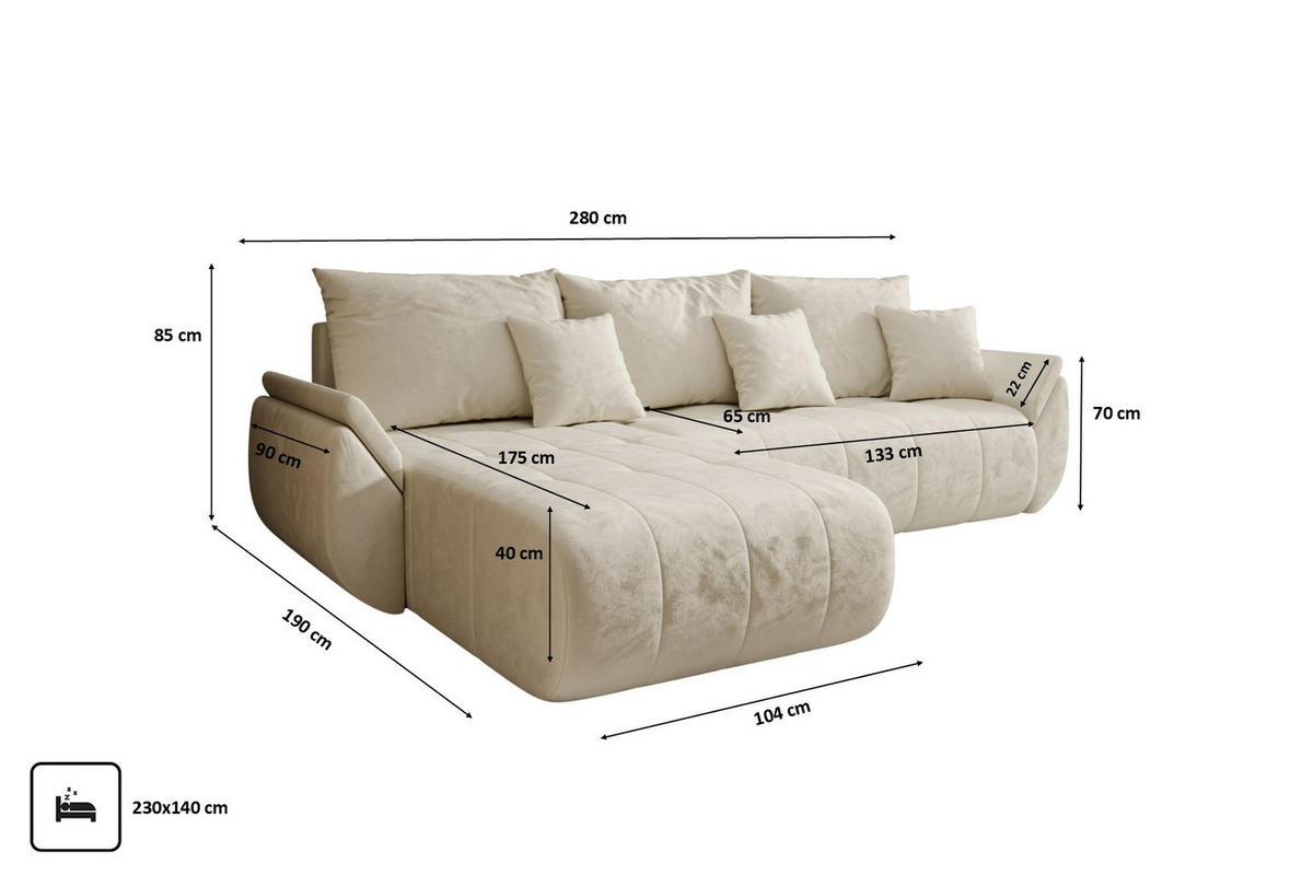 ECKSOFA Mit Schlaffunktion Und Bettkasten TOKYO, Stoff MONOLITH, Ecru, Links - Ecru, Holz (280/190cm) - Kaiser Möbel