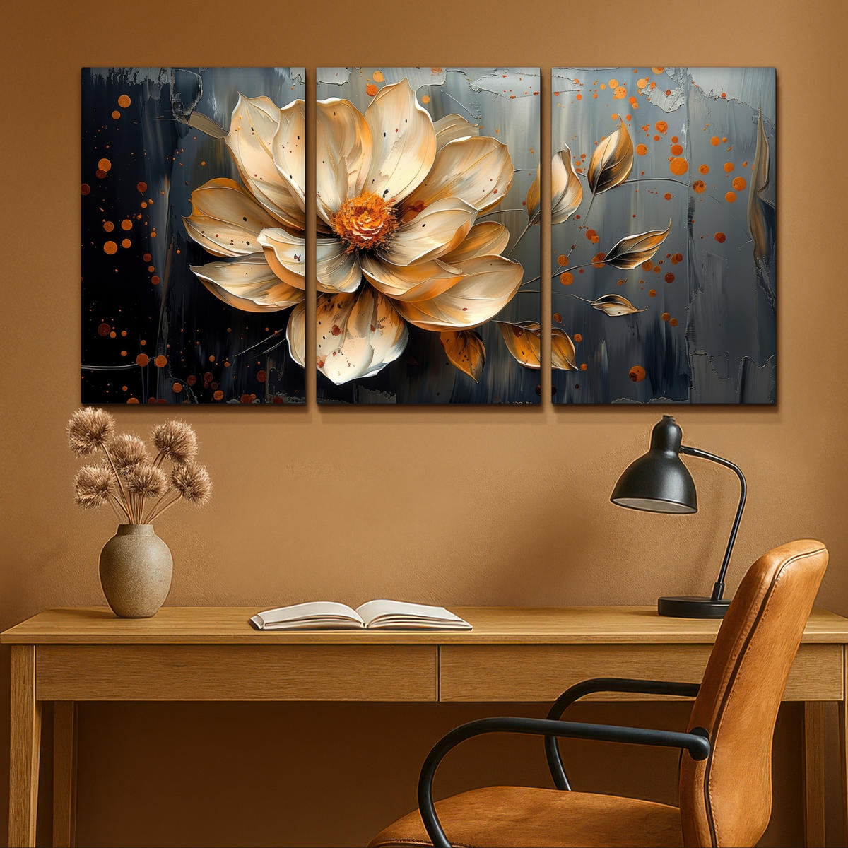LEINWANDBILD 3er Set Blume - Gold - Abstrakt - Farbe 120x60 cm - Creme, Textil (120/60cm) - MuchoWow