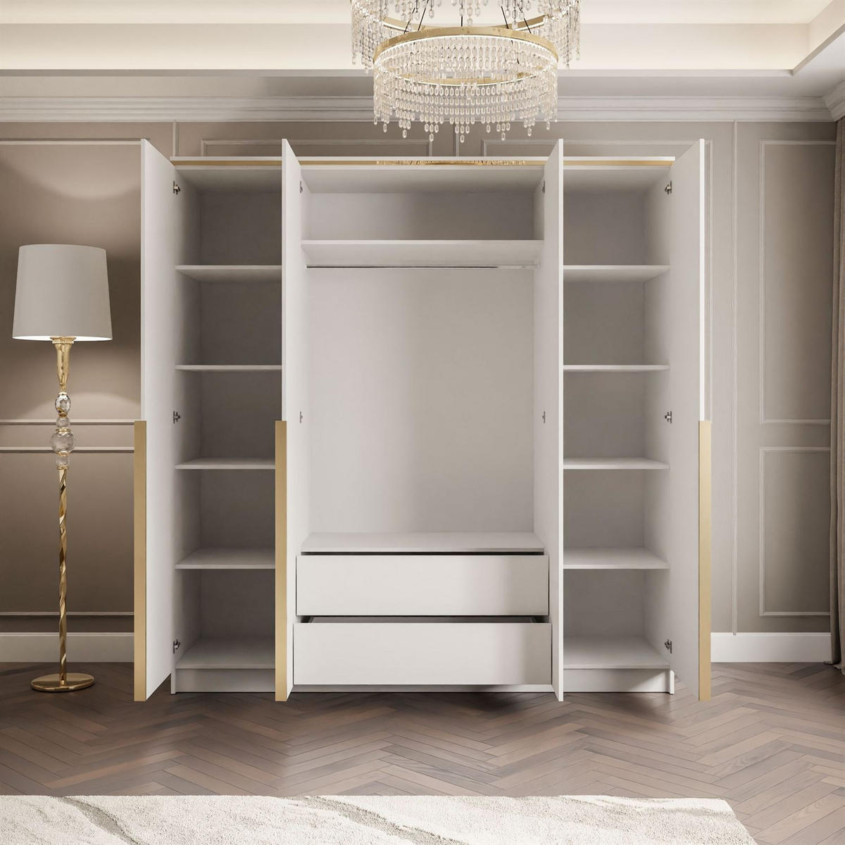 KLEIDERSCHRANK AURORA 4D mit goldenen Griffen - Weiß Hochglanz/Goldfarben, Holzwerkstoff (200/213/57cm) - Lookway