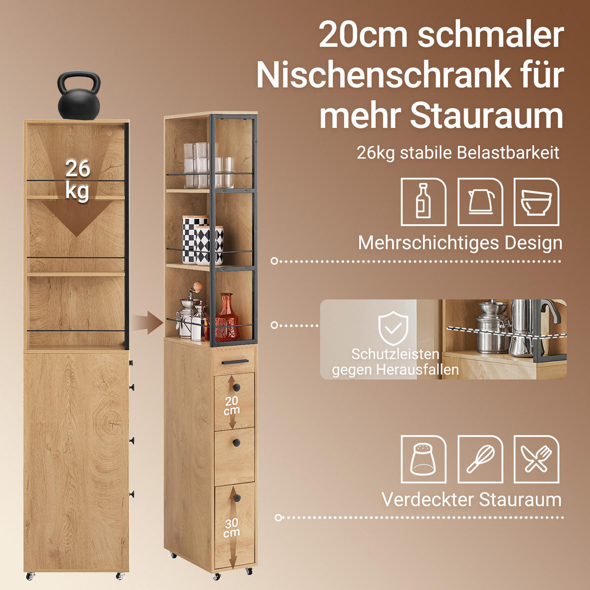 NISCHENSCHRANK 20 cm schmal mit 4 Rollen, 40×20×170 cm, kleine Küchen Natur - Schwarz/Naturfarben, Holz/Metall (20/170/40cm) - SoBuy