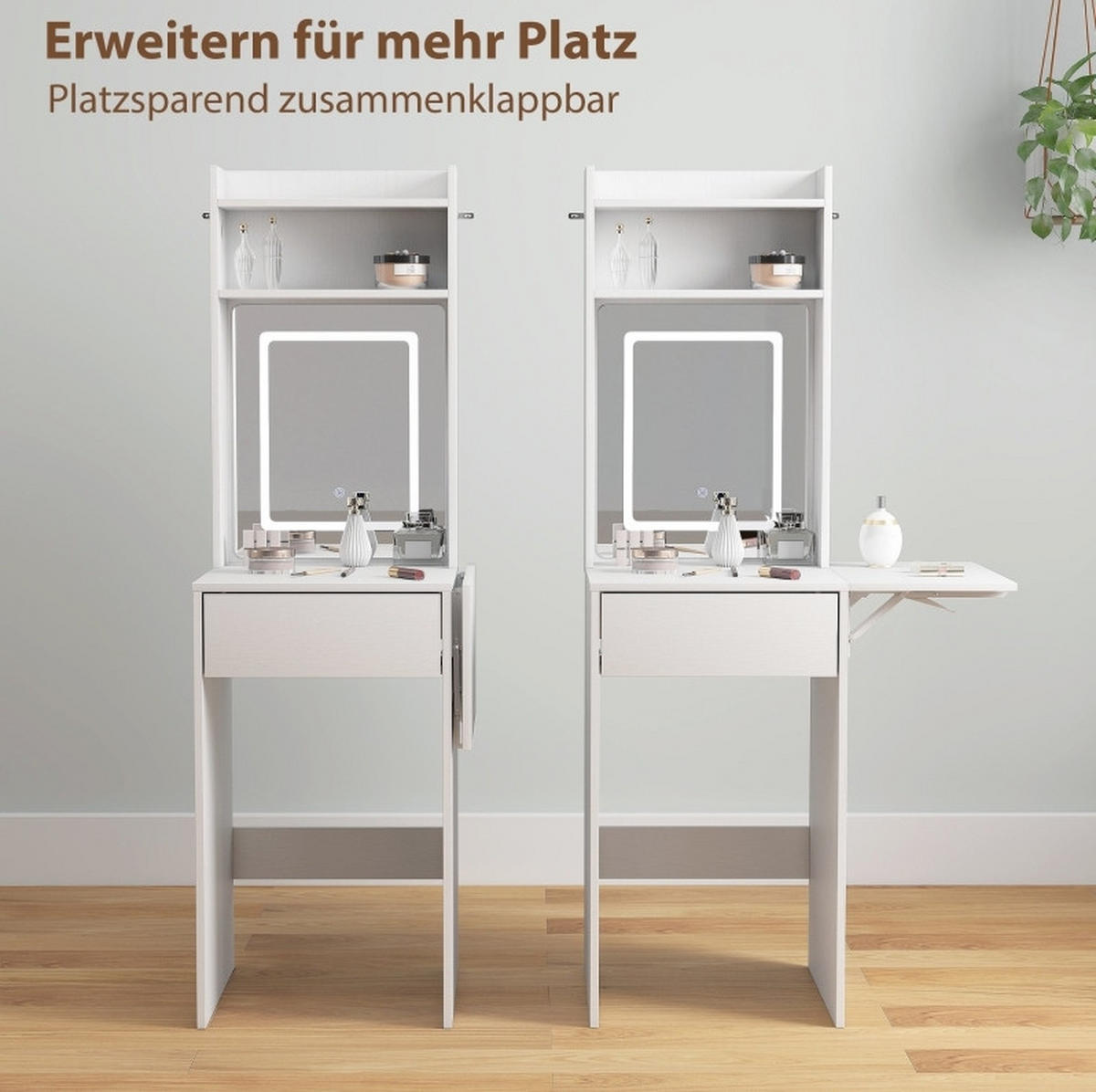 SCHMINKTISCH 45/45/152 cm in Weiß mit LED-Beleuchtung und klappbarer Ablage - Weiß, Holz (45/152/45cm) - Flora Grace