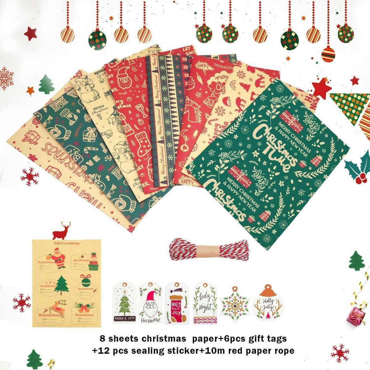 GESCHENKPAPIER Set Weihnachten 8 Blatt 70x50cm Kraft Rot Grün Bunt - Multicolor, Papier (50/1/70cm)