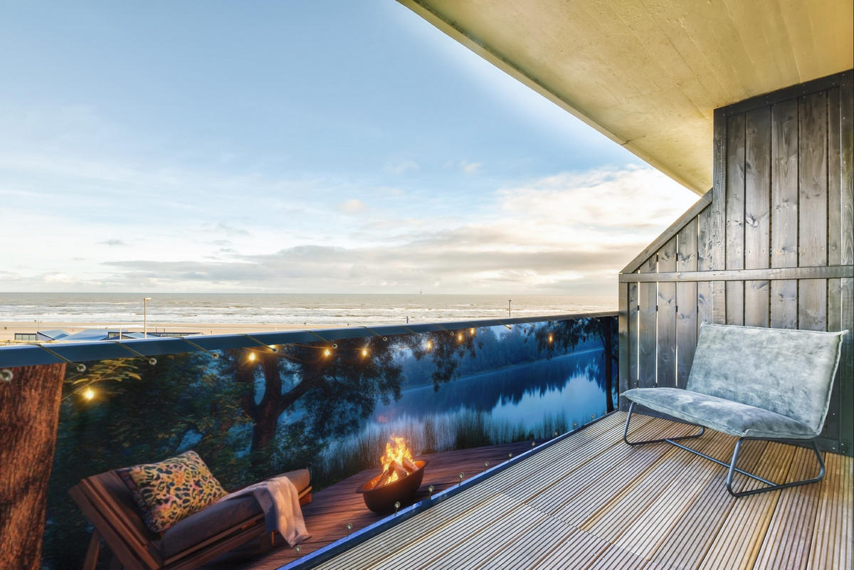 BALKON-SICHTSCHUTZ Lagerfeuer - See - Abendlicht - Dunkelblau, Kunststoff (500/100cm) - MuchoWow