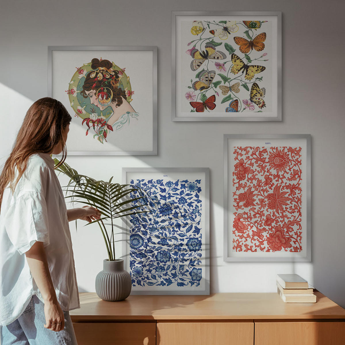 BILDER SET 4er Set - 50x50 cm & 40x60 cm Silberner Rahmen - Vintage-Blumen-Schmetterlings-Ornamente - Silberfarben, Kunststoff (50/50cm) - TULUP