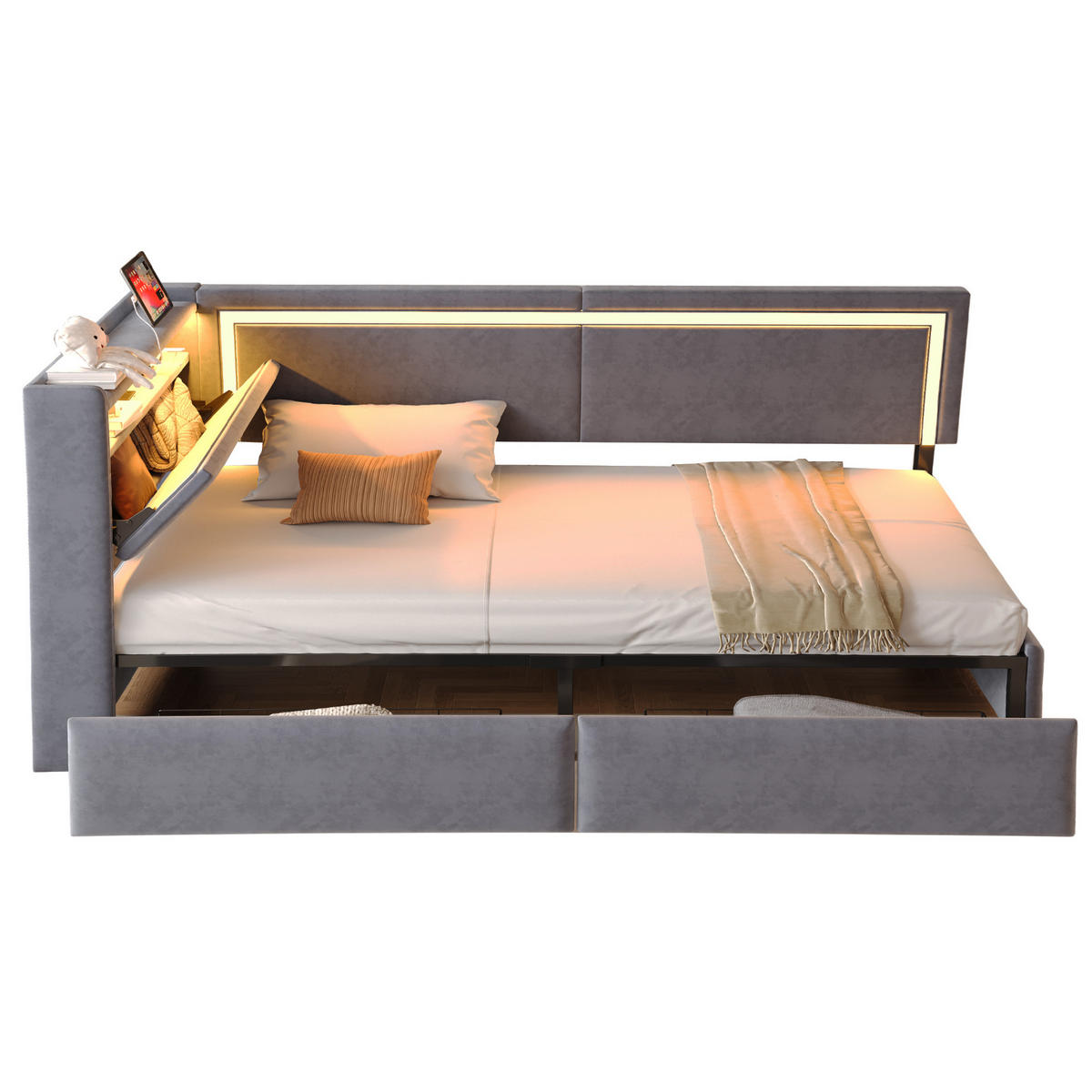 POLSTERBETT mit LED-Beleuchtung 90/200 cm mit USB und Stauraum in Dunkelgrau - Dunkelgrau, Textil (90/200cm) - BEAOK