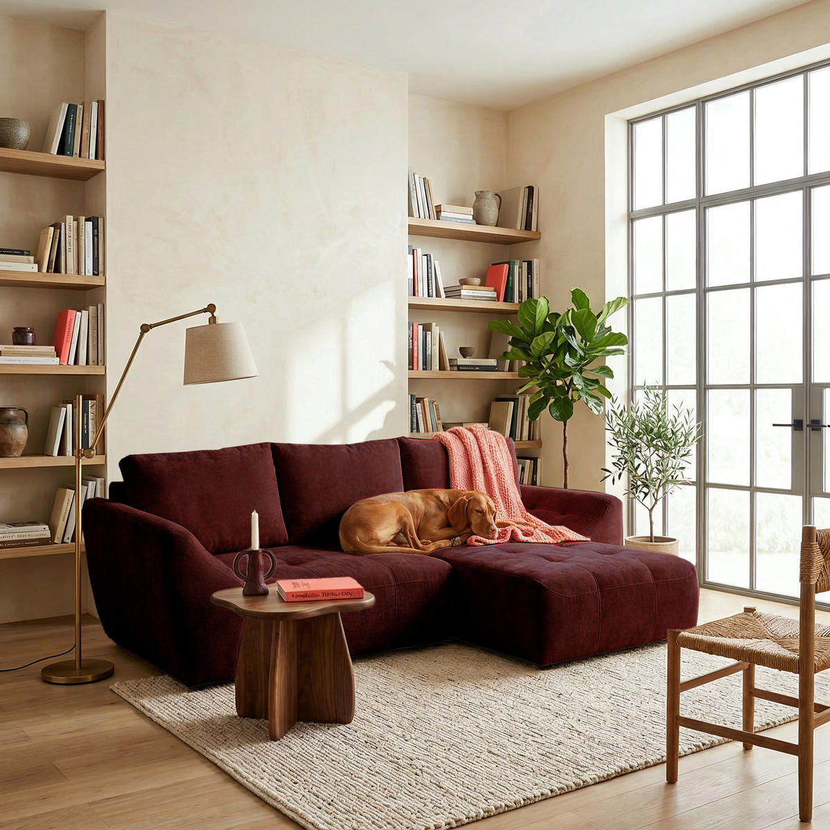 ECKSOFA NICE L Rechts mit Schlaffunktion 137x204 Chenille Rotwein - Schwarz/Dunkelrot, Holz/Textil (165/260cm) - Muffo