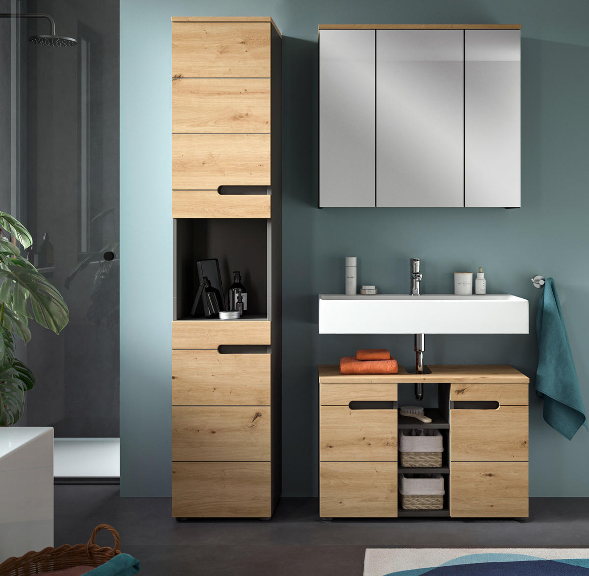 BADMÖBEL-SET Eiche, grau 3-teilig 133 cm, Komplettset mit Soft-Close - Schwarz/Eiche Artisan, Glas/Holzwerkstoff (133/193/34cm) - Inn.Furn