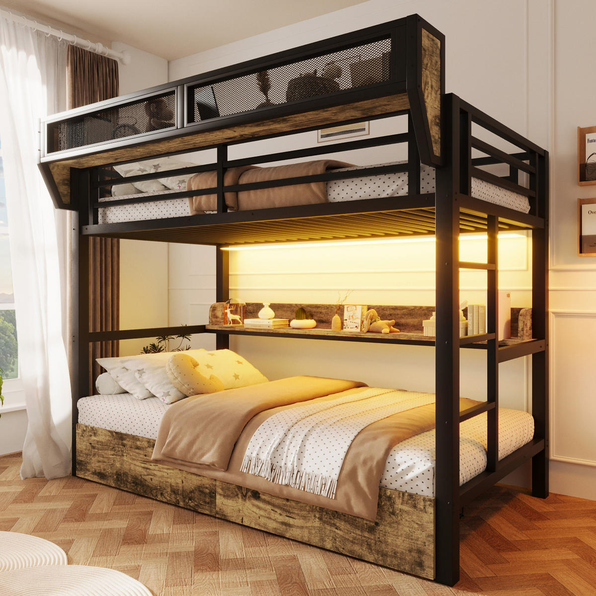 ETAGENBETT 90/200 cm in Schwarz mit LED, Ablagebord, Aufbewahrungskorb und 2 Schubladen - Schwarz, Holzwerkstoff/Metall (90/200cm) - WISHDOR