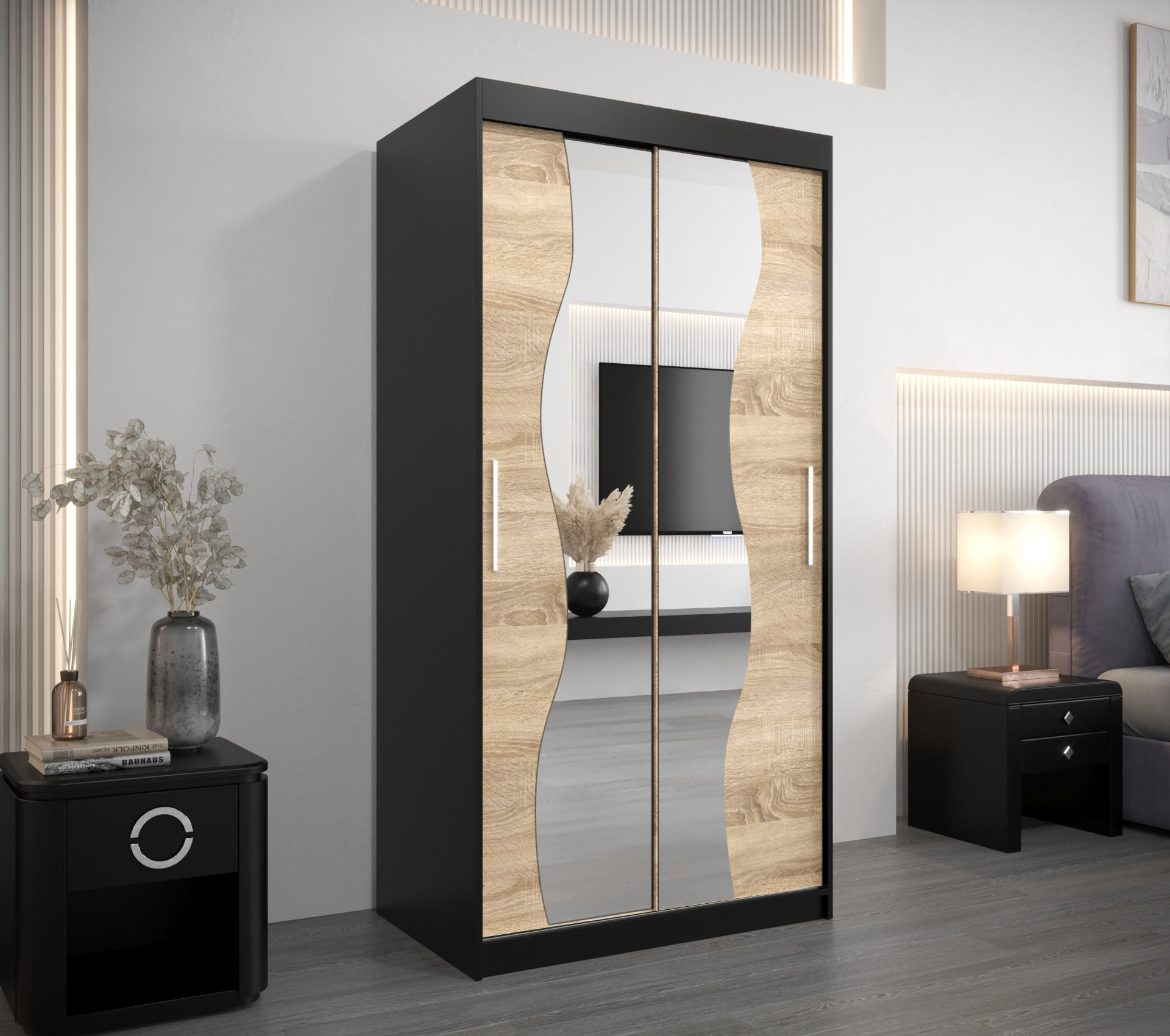 SCHWEBETÜRENSCHRANK 200/100/62 2-türig - Silberfarben/Schwarz, Holz/Kunststoff (100/200/62cm) - Abiks Möbel