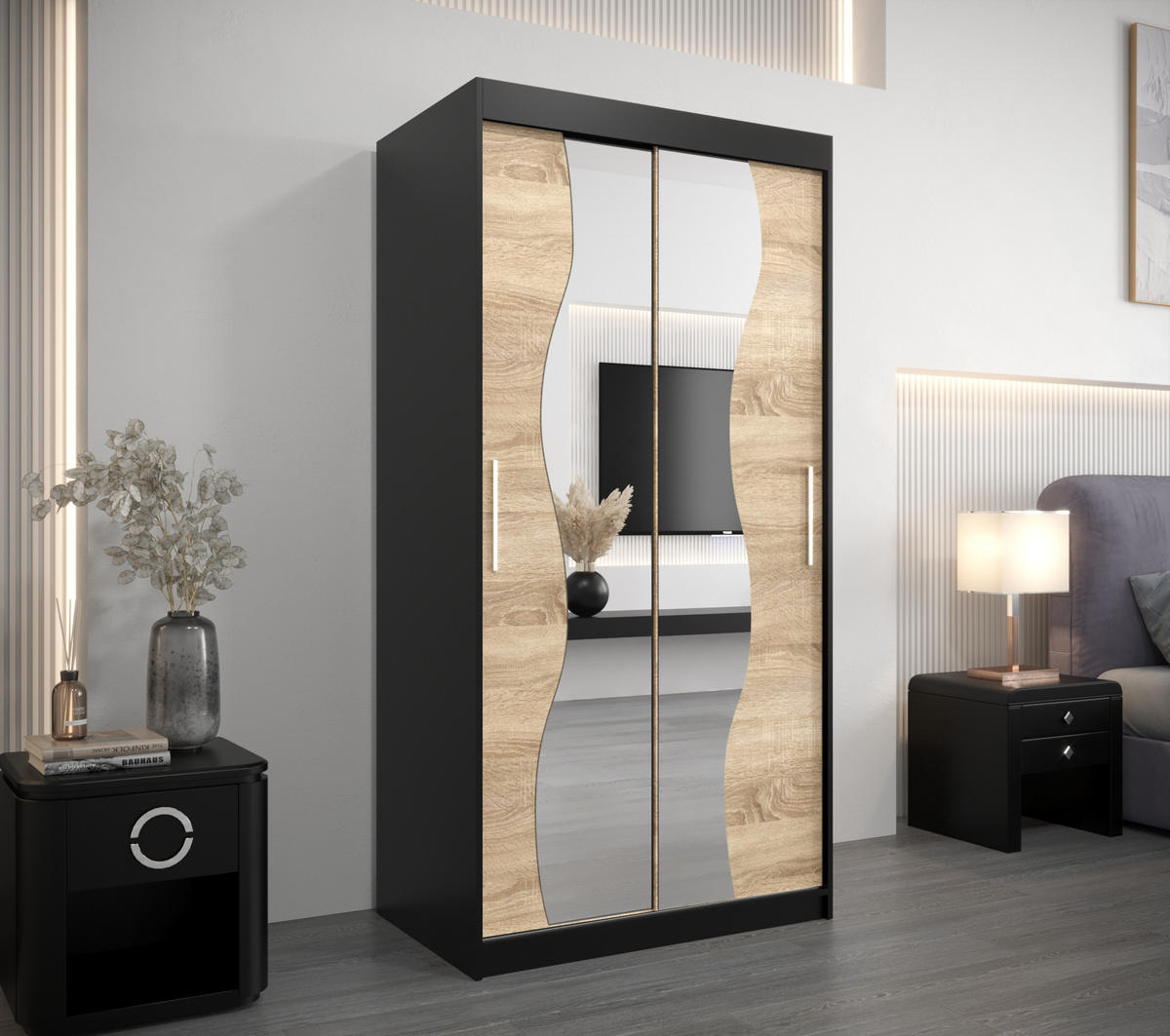 SCHWEBETÜRENSCHRANK 200/100/62 2-türig - Silberfarben/Schwarz, Holz/Kunststoff (100/200/62cm) - Abiks Möbel