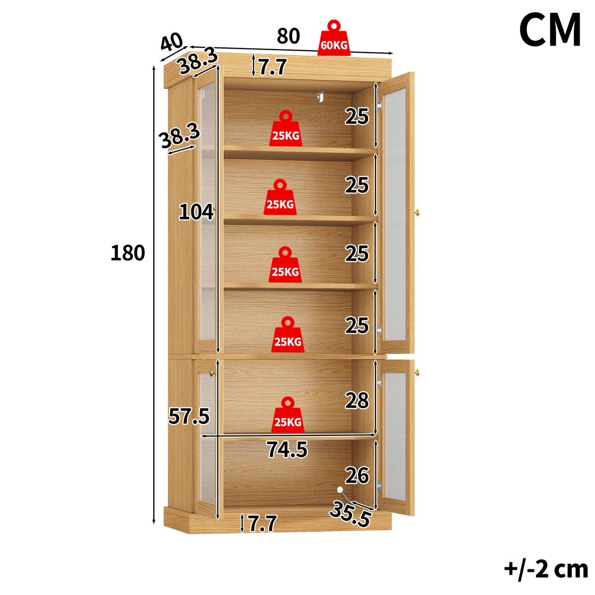 VITRINE LED Glasfront Naturbraun - Naturfarben, Glas (80/180/40cm) - FLIEKS
