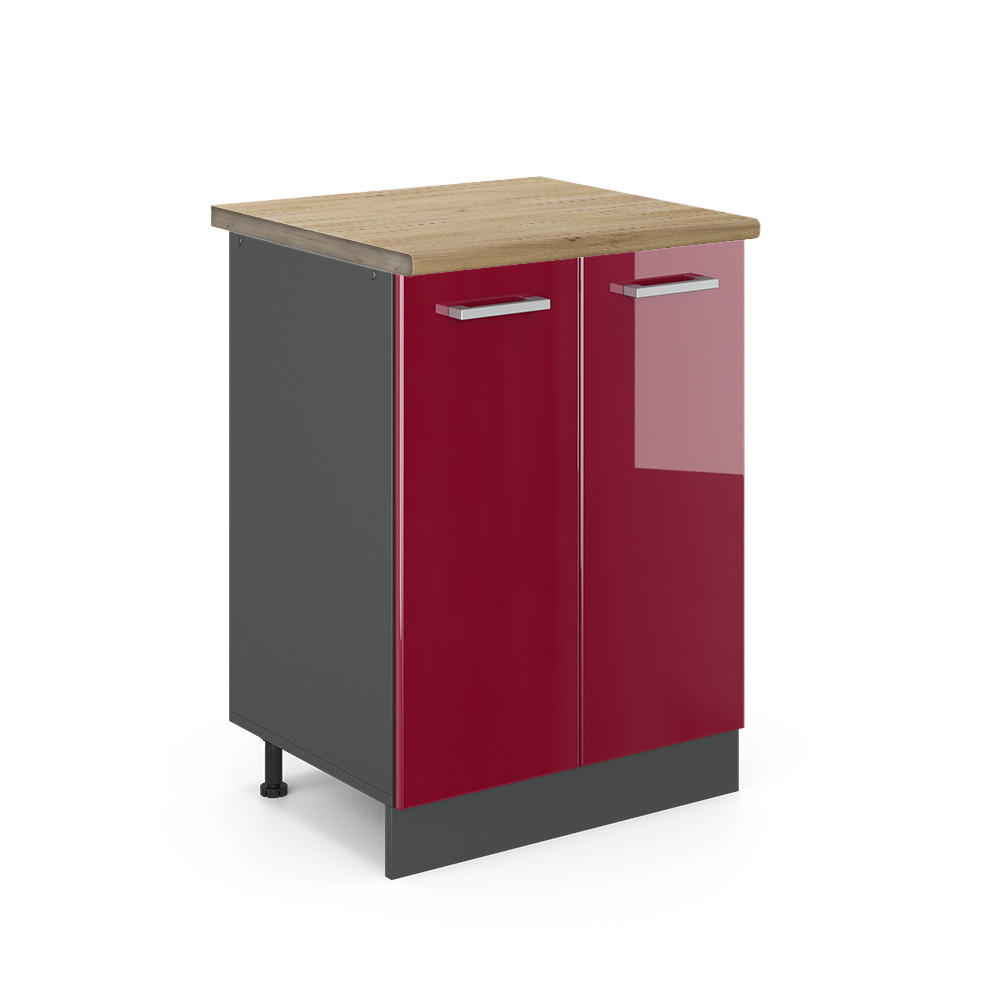 KÜCHENUNTERSCHRANK R-Line Bordeaux Hochglanz 60 cm, AP Eiche - Bordeaux/Anthrazit, Holzwerkstoff (60/81.6/60cm) - Vicco