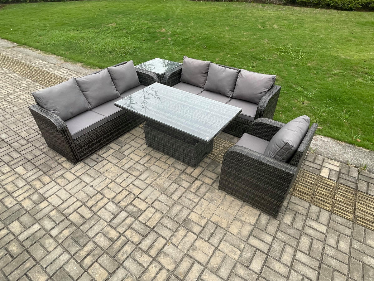 GARTENMÖBELSET mit Beistelltisch Höhenverstellbarer Esstisch 7-Sitzer Grau - Dunkelgrau/Grau, Glas/Kunststoff - Fimous
