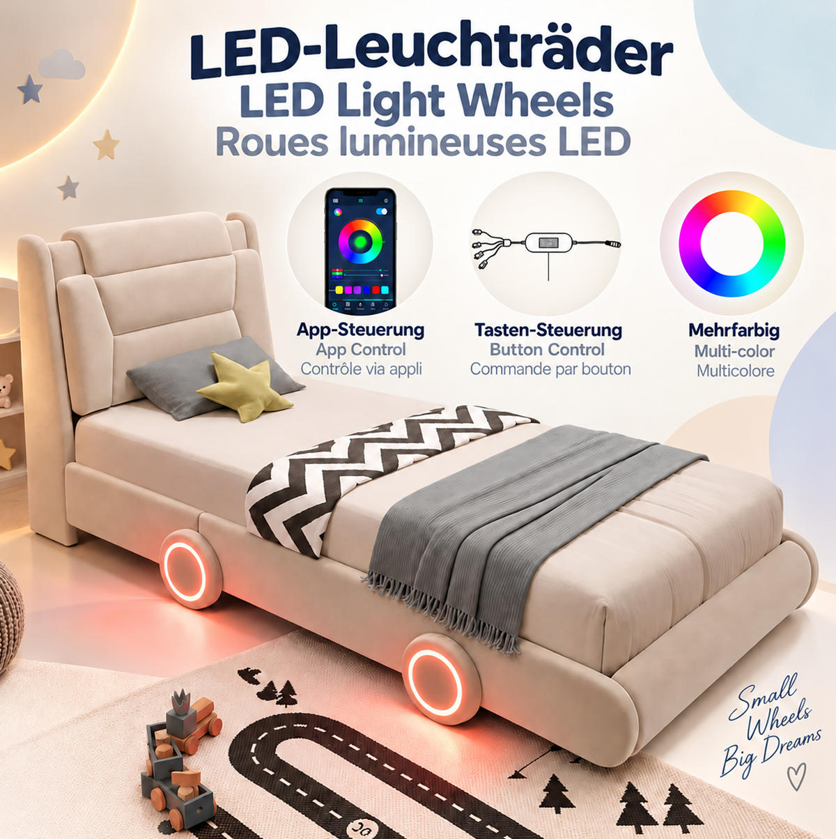 KINDER-POLSTERBETT aus Flanell 90x200 cm Beige im Auto-Design mit Lichtleisten - Beige, Textil (90/200cm) - Modfu