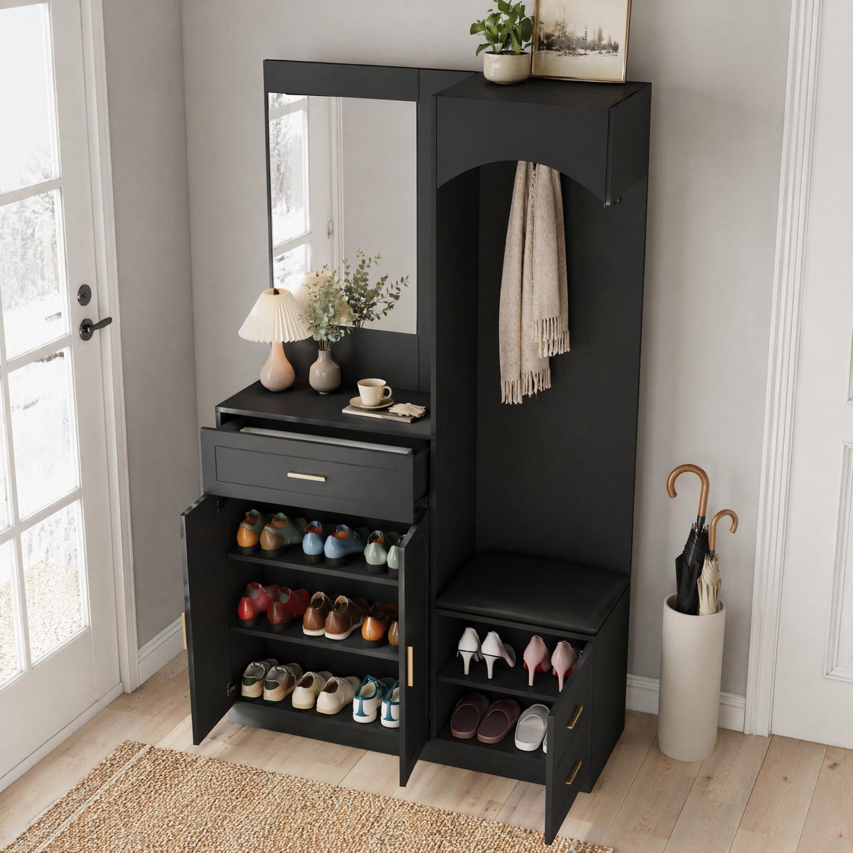 GARDEROBE-SET in Schwarz Garderobenschrank mit Spiegel und Schuhbank für Eingangsbereich und Flur, B110/T33/H185.5 cm - Schwarz, Glas/Holzwerkstoff (110/185.5/33cm) - STILVORA