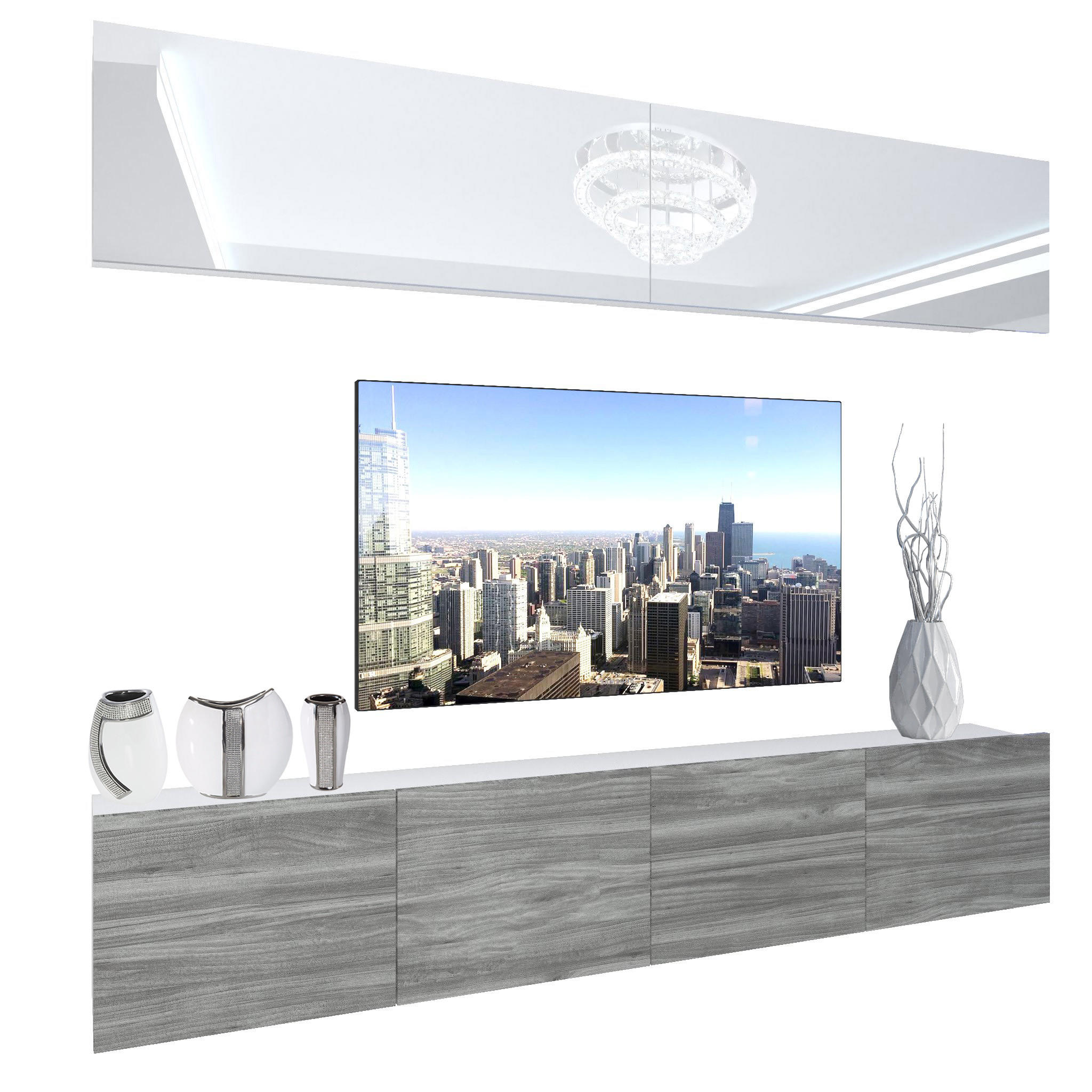 B BELINI GROUP OBÝVACÍ STĚNA Sestava skříní s LED Bílá / Glamour dřevo