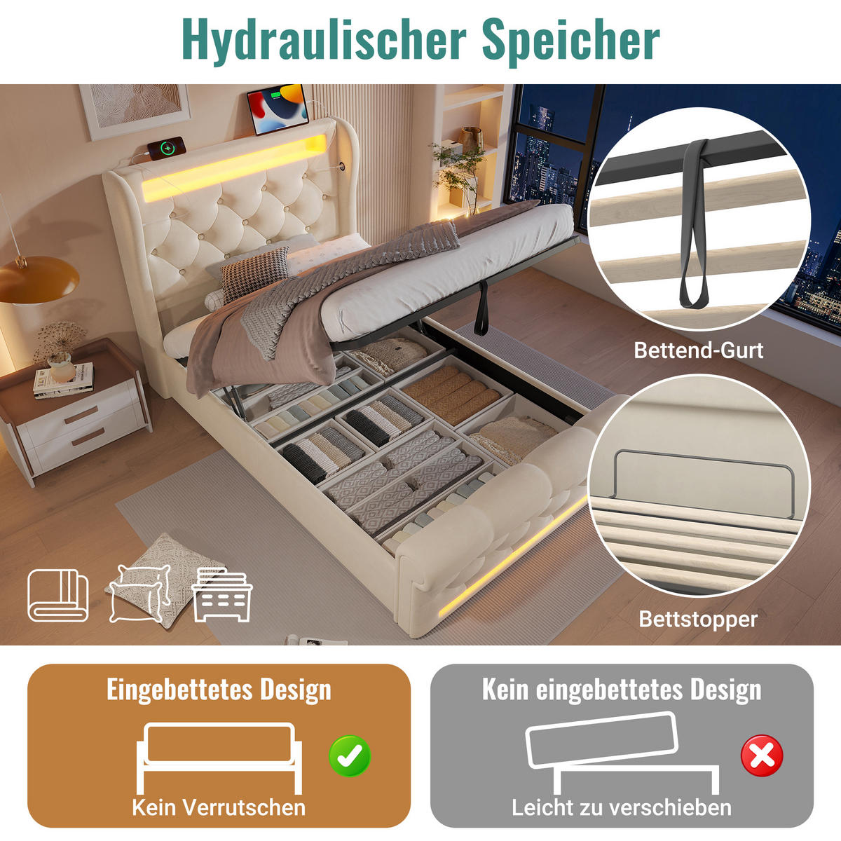 POLSTERBETT 90/200 cm mit LED-Beleuchtung, USB- und Type-C-Anschluss, hydraulischem Stauraum und Matratze, Beige - Beige, Textil (90/200cm) - Redom