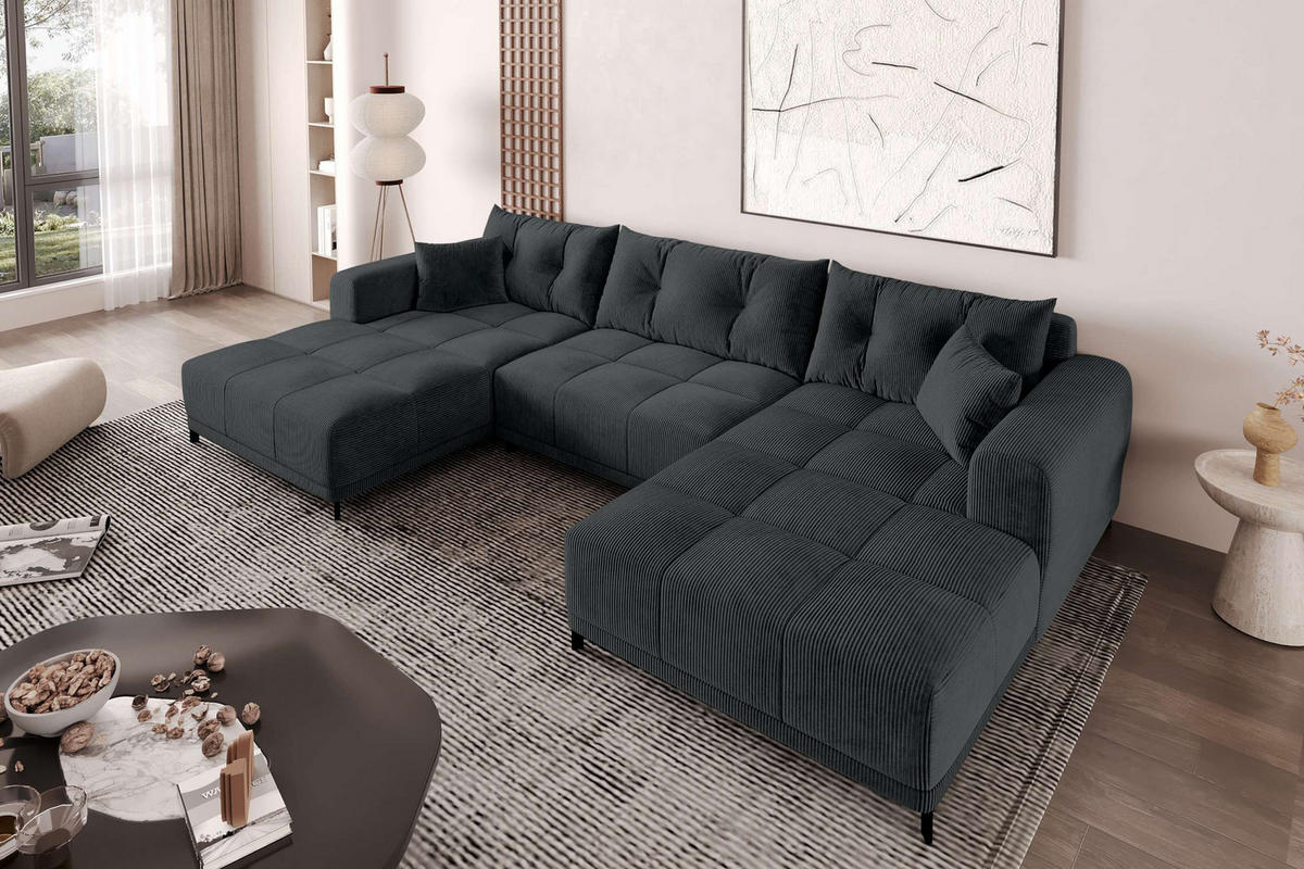 WOHNLANDSCHAFT Massimo Cordstoff Graphitfarben inkl. Schlaffunktion - Graphitfarben/Schwarz, Textil/Metall (356/94/181cm) - 99rooms