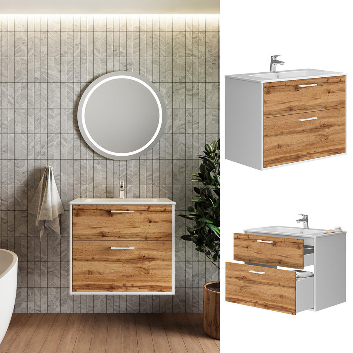 WASCHBECKENUNTERSCHRANK Lanco Weiß/Goldkraft Eiche 80 x 61.5 cm mit Waschbecken - Honigeiche/Weiß, Holzwerkstoff (80/61.5/45.5cm) - Vicco