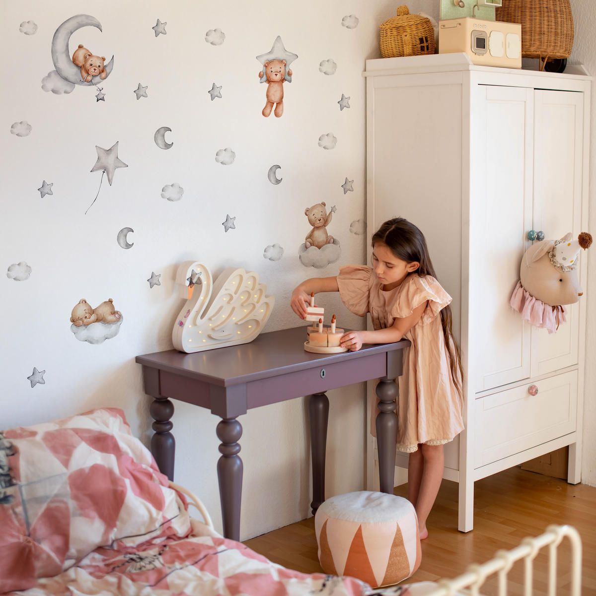 WANDSTICKER SET Teddybären Wolken Sterne Monde 120x60 - Beige/Braun, Papier (120/60/1cm) - Muralo