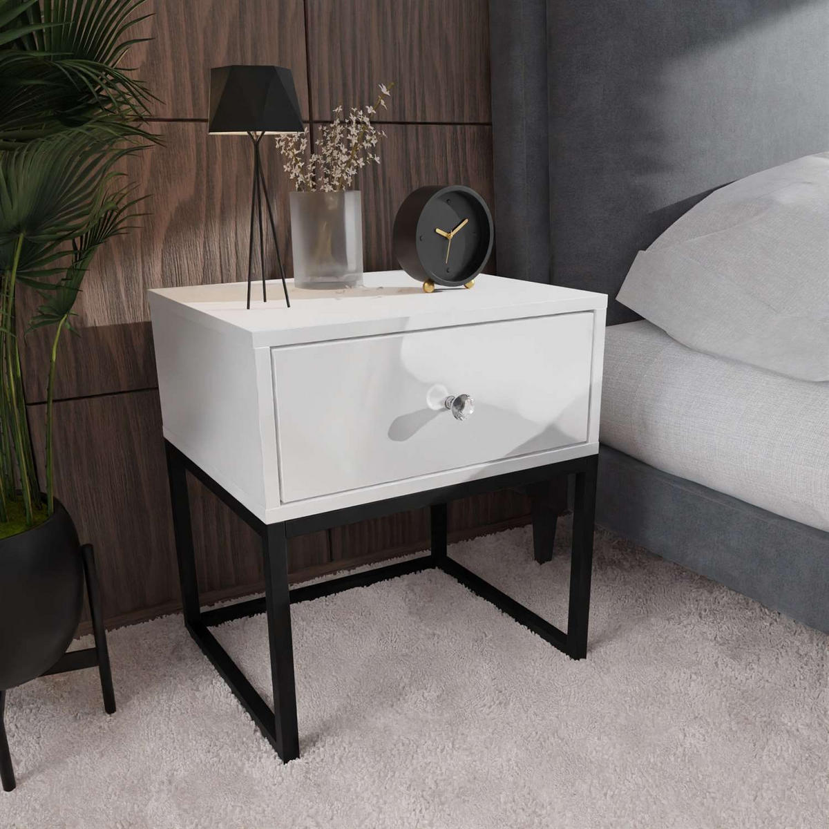NACHTTISCH BLANCO LOFT Weiß Hochglanz auf schwarzem Gestell Kristallgriff - Weiß Hochglanz, Holzwerkstoff (45/53/37cm) - Lookway
