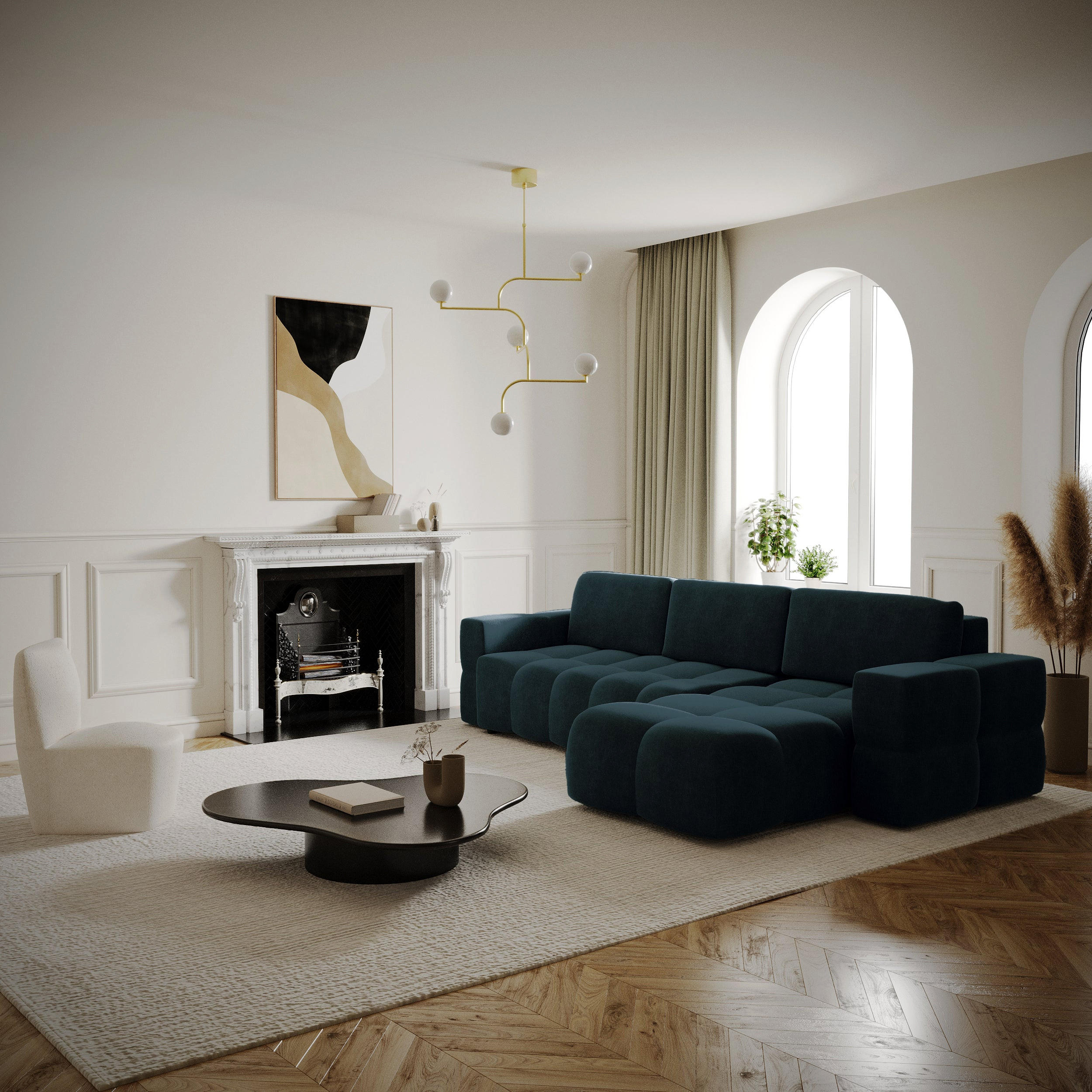 ECKSOFA RECHTS Samt Pfauenblau 286cm - Blau/Hellblau, Textil (286/169cm) - Sia Home