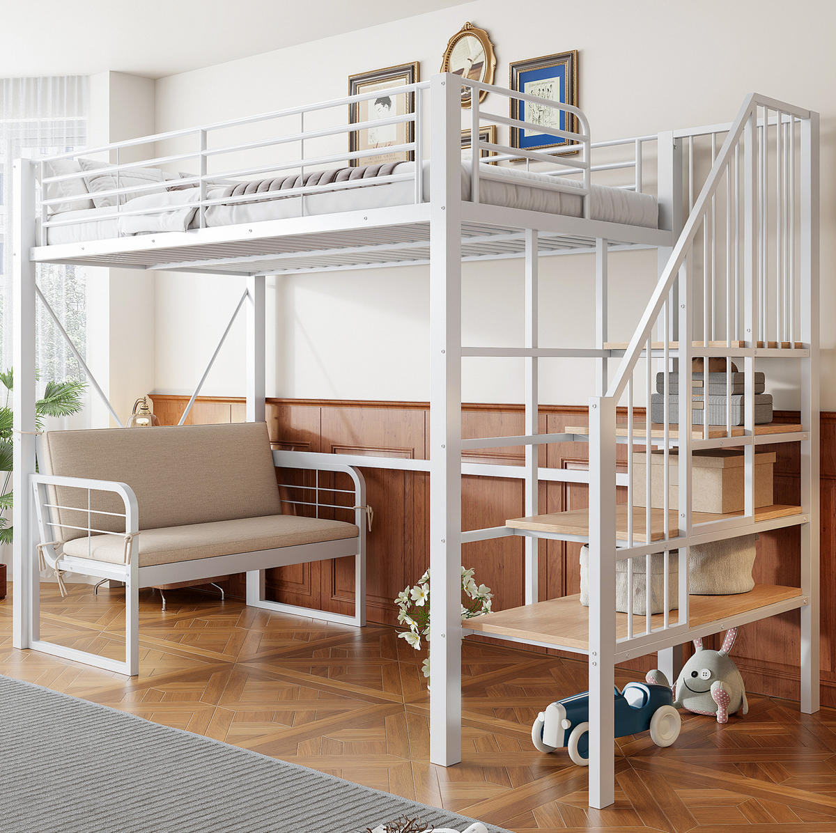 ETAGENBETT 90/200 cm, Weiß mit Stauraumleiter und Polstersofa - Weiß, Metall (90/200cm) - MIVRAY