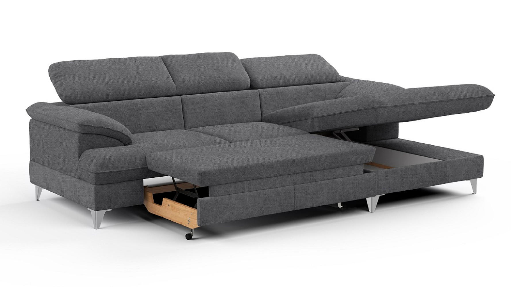 ECKSOFA mit Schlaffunktion und Bettkasten, verstellbare Kopfstützen - Chromfarben/Dunkelgrau, Textil/Metall (167/254cm) - Cotta